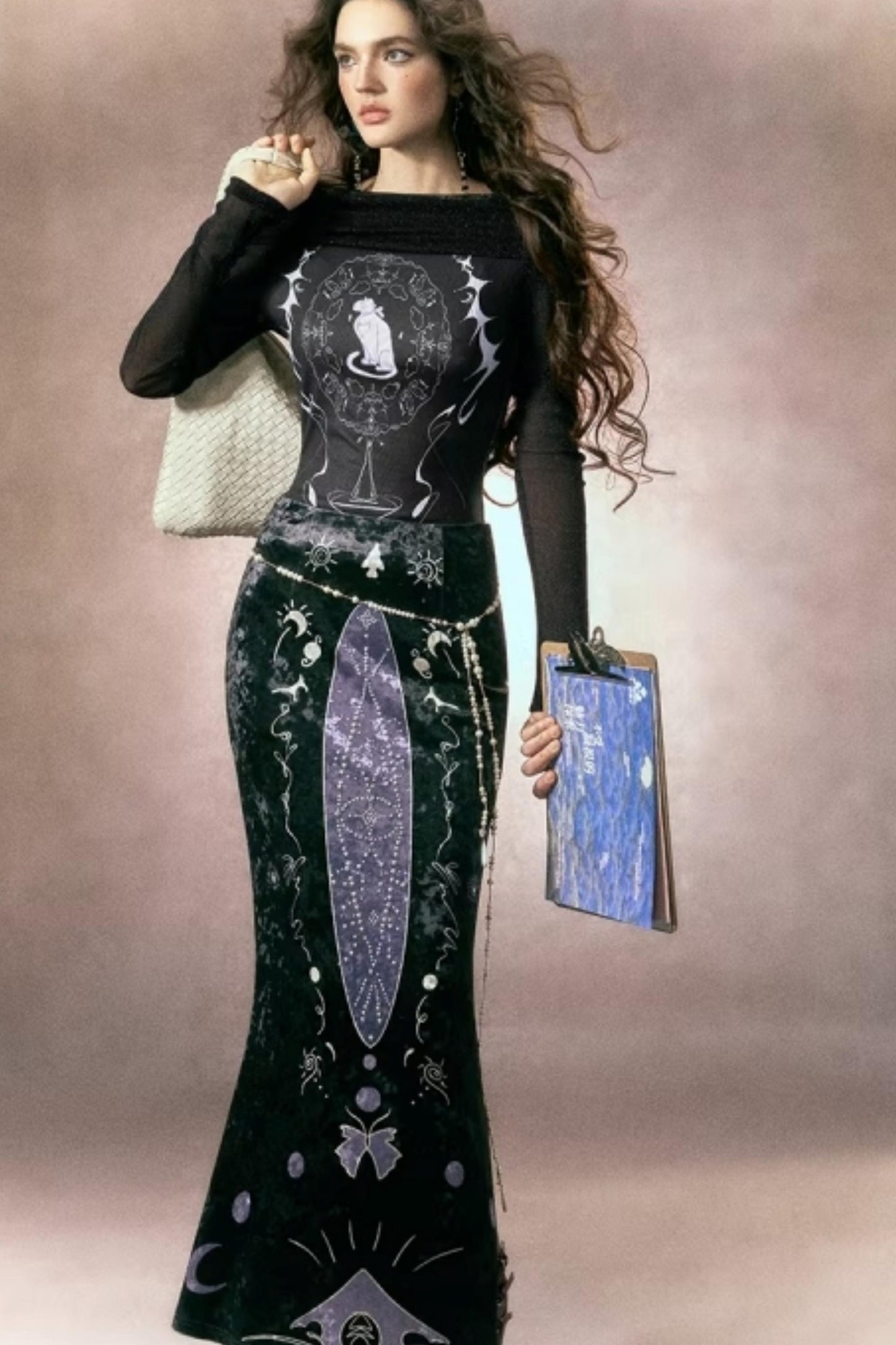 Hand-Painted Velvet Fishtail Skirt