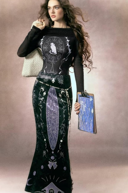 Hand-Painted Velvet Fishtail Skirt