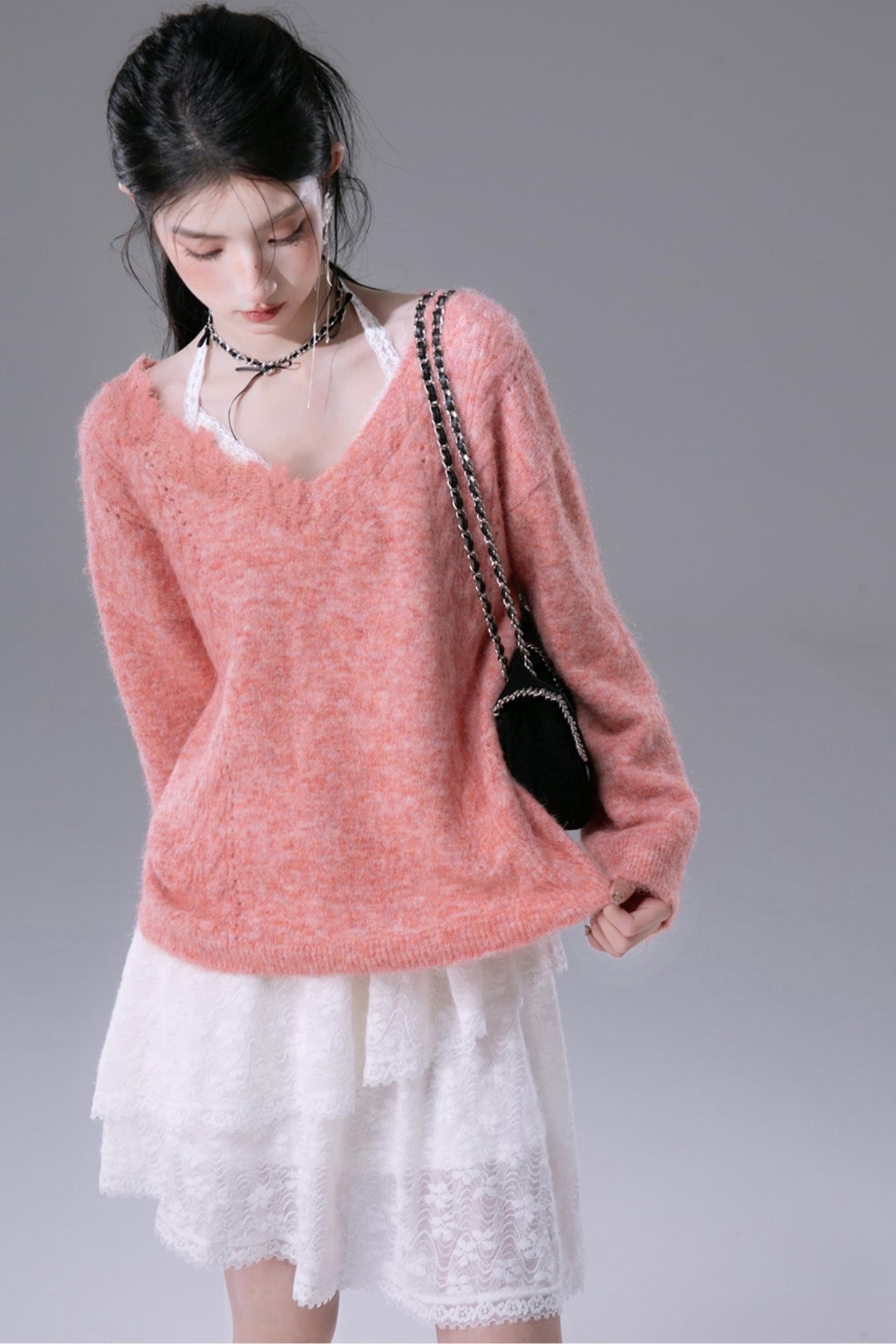 COTRE Sunset Coral Diamond White Pullover + Neckholder-Kleid zweiteiliges Set