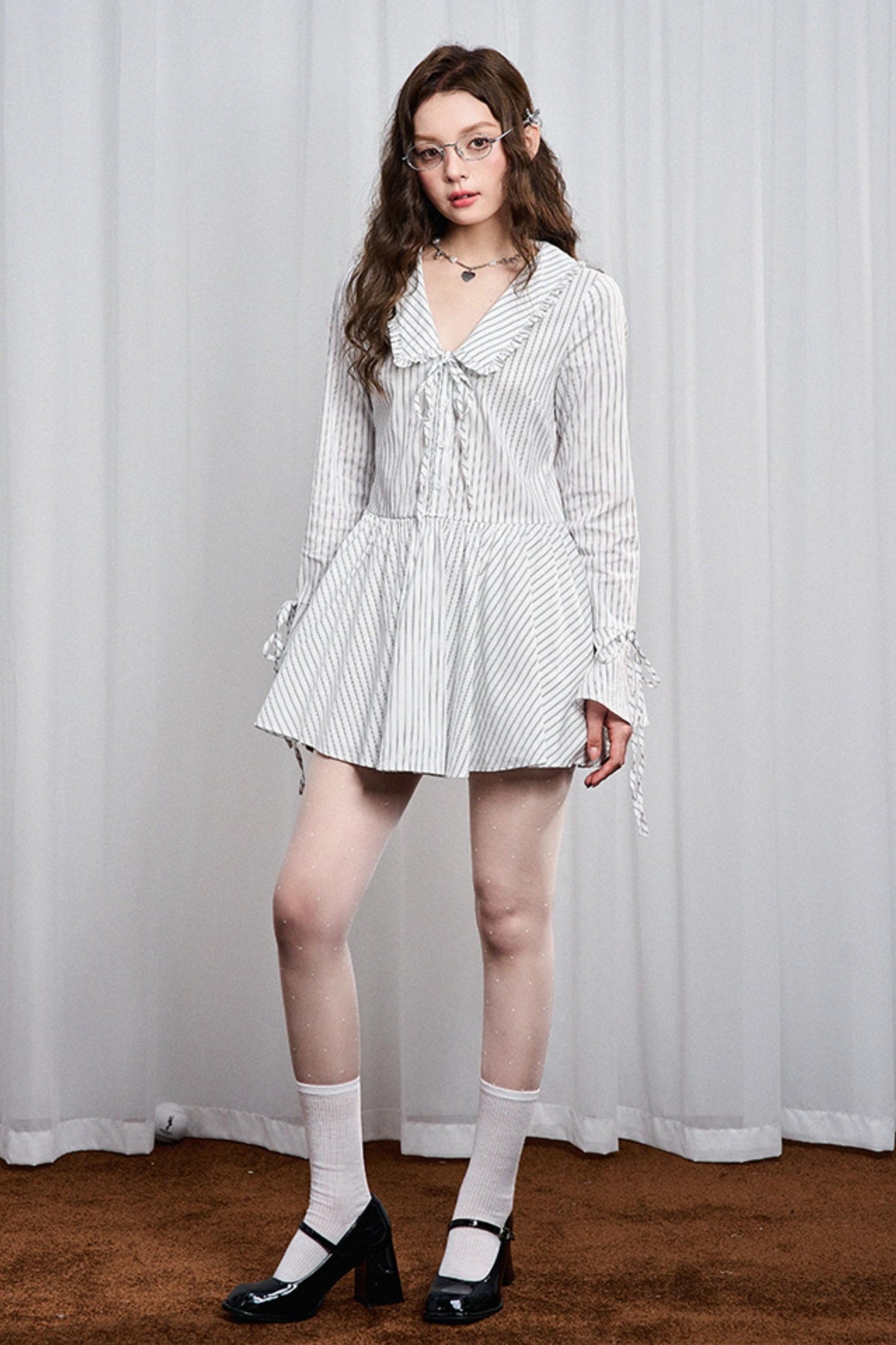 Striped Lace Bow Tie Long Sleeve Dress