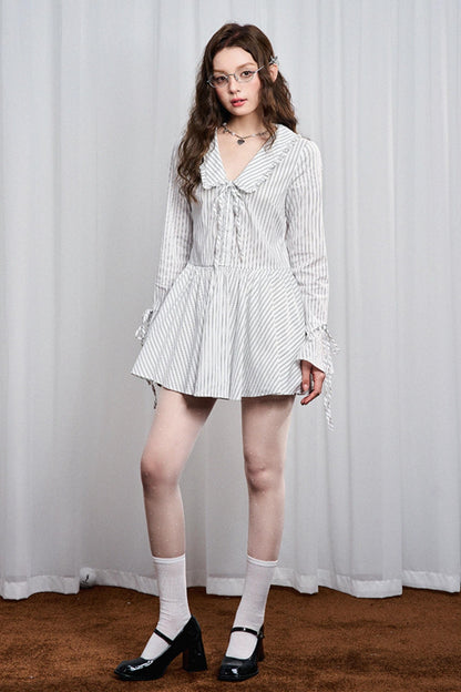 Striped Lace Bow Tie Long Sleeve Dress