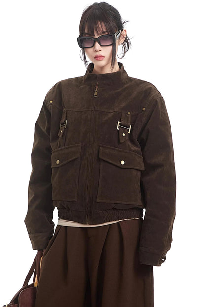 Retro Suede Stand-Up Collar Jacket