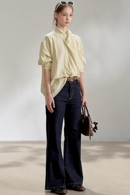 Yellow Lace-up Stand Collar Shirt