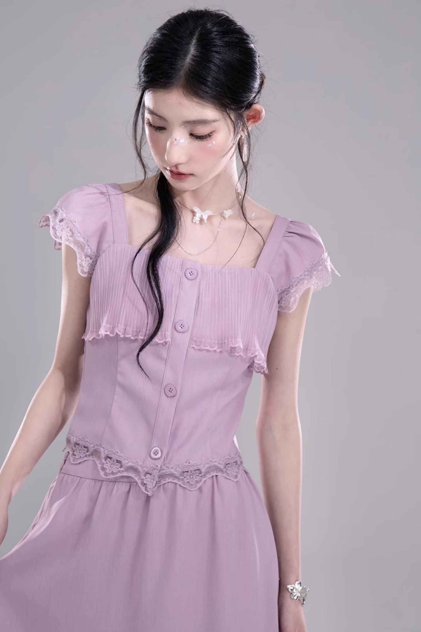 Purple Lace A-Line Skirt Top Set