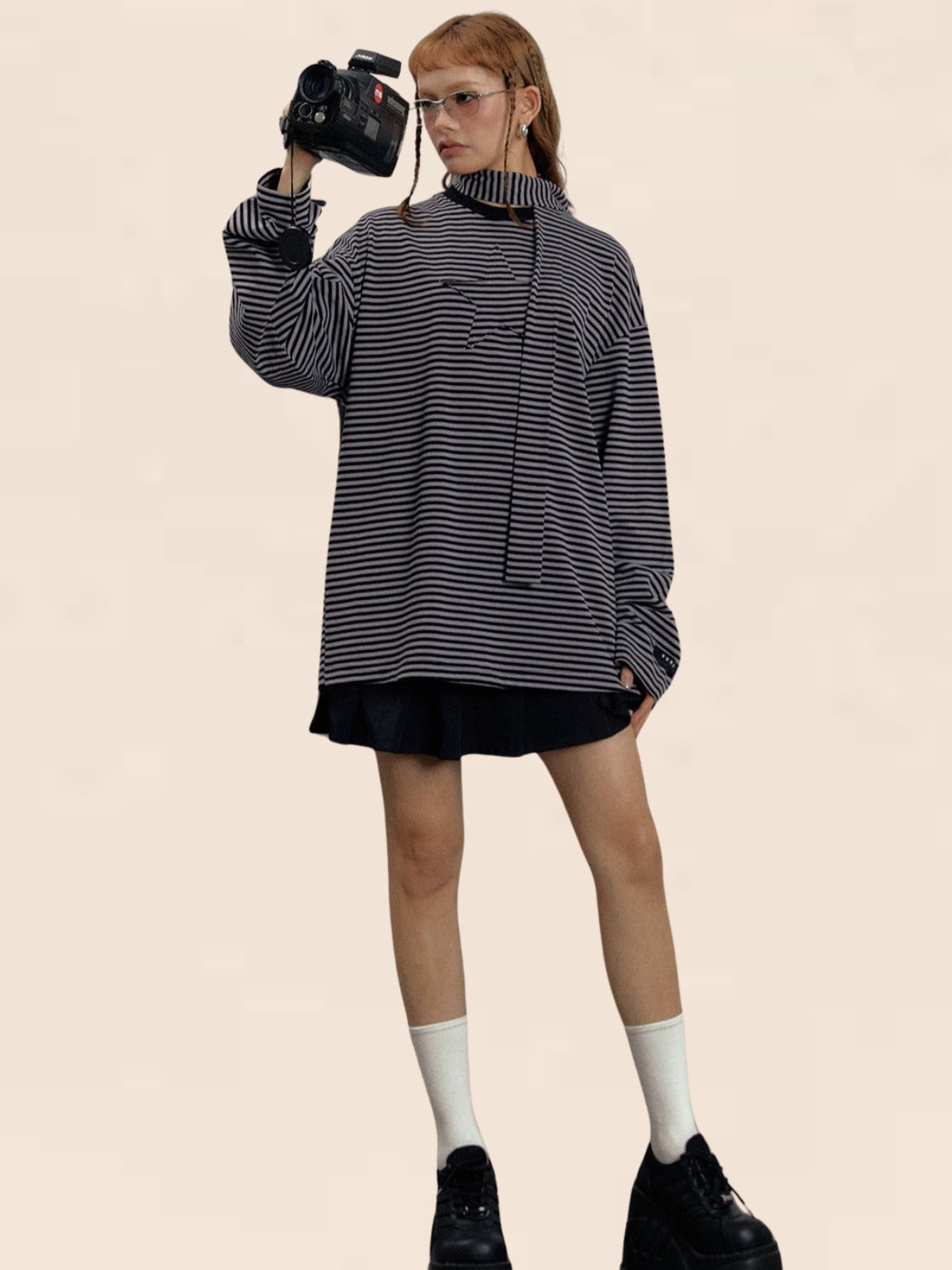 EZEK Star Streamer American Retro Half-Turtleneck Striped Long Sleeve T-Shirt Women's Loose Undershirt Tops Trendy