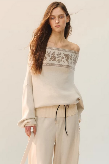 플로럴 오프숄더 니트 탑