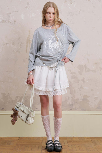 Slanted Monochrome Flower Ruffle T-Shirt