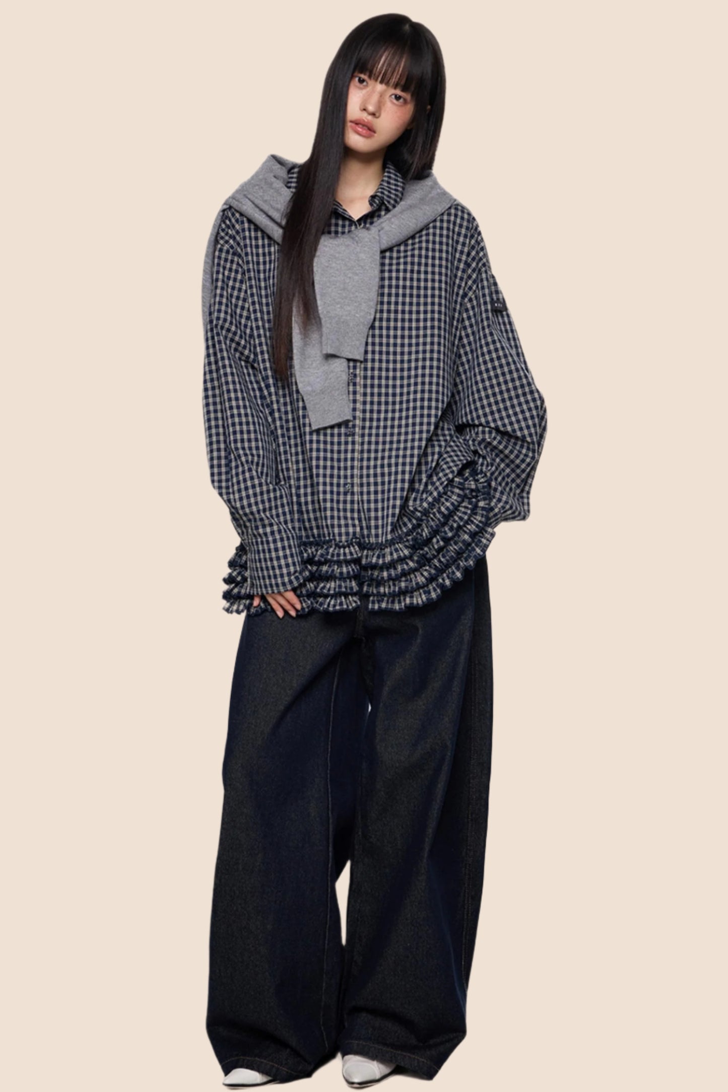 Plaid Pleated Long Sleeve Shirt