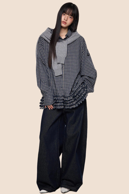 Plaid Pleated Long Sleeve Shirt