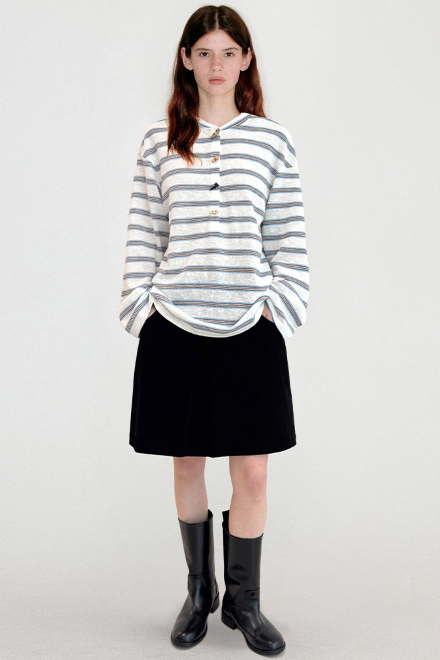 Horn Button Striped Long Sleeve T-Shirt