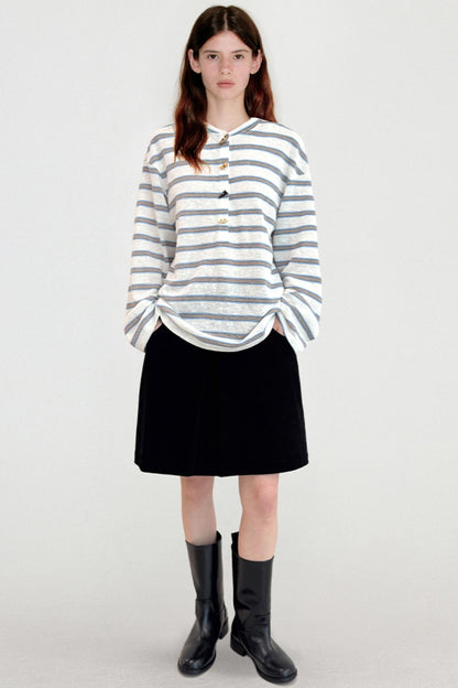 Horn Button Striped Long Sleeve T-Shirt