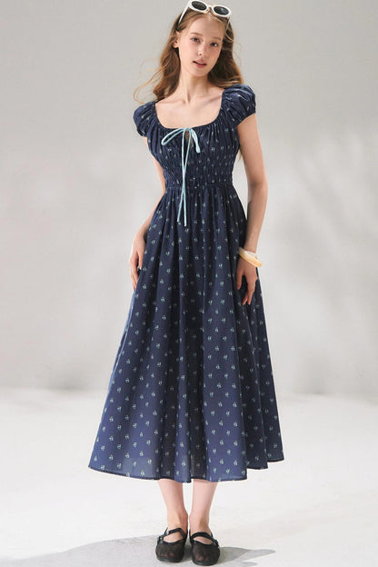 Abito floreale blu navy con lacci