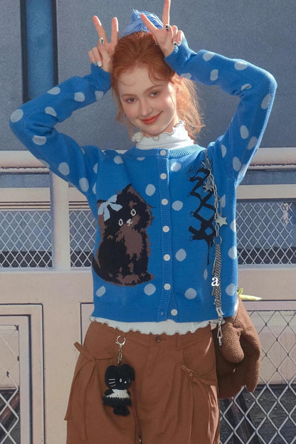 Blue Cat Polka Dot Knitted Cardigan