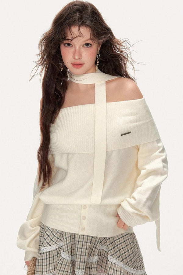 French Sweet One-Shoulder Halterneck Sweater