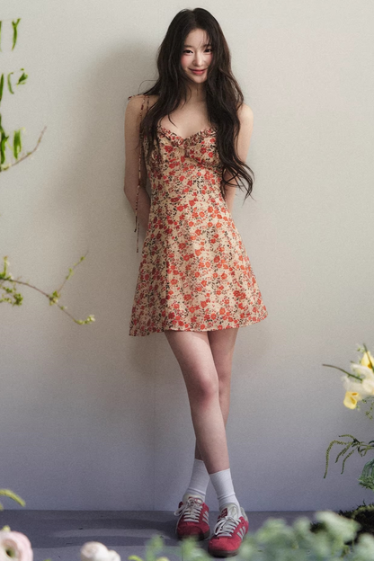 Orange-Red Floral Ruffled Dress