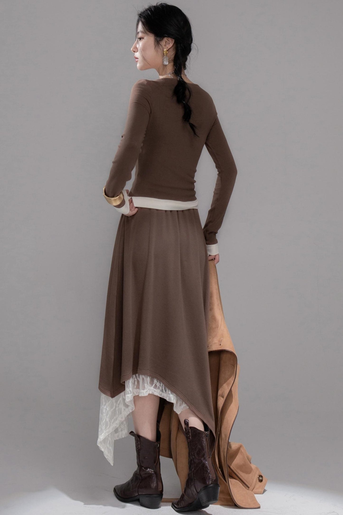 White Milk Coffee Knitted Top & Skirt Set