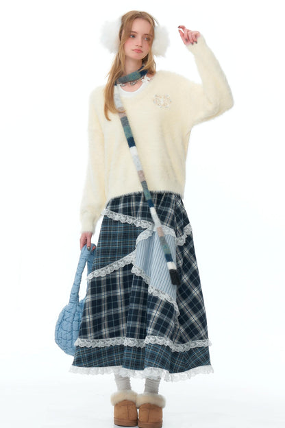 Niche Design Plaid Lace Patchwork Skirt