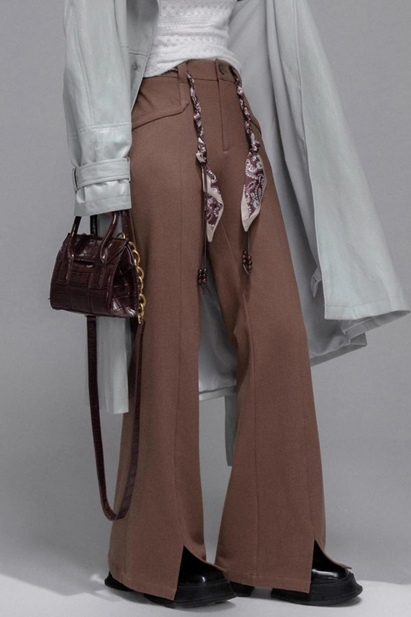 Silk Scarf Belt Split Bootcut Pants