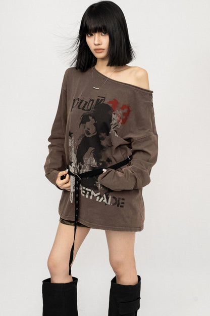 Vintage Off-the-Shoulder Long Sleeve T-Shirt