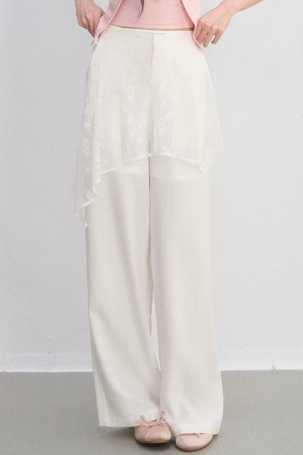 Lace Trim Casual Wide-Leg Pants