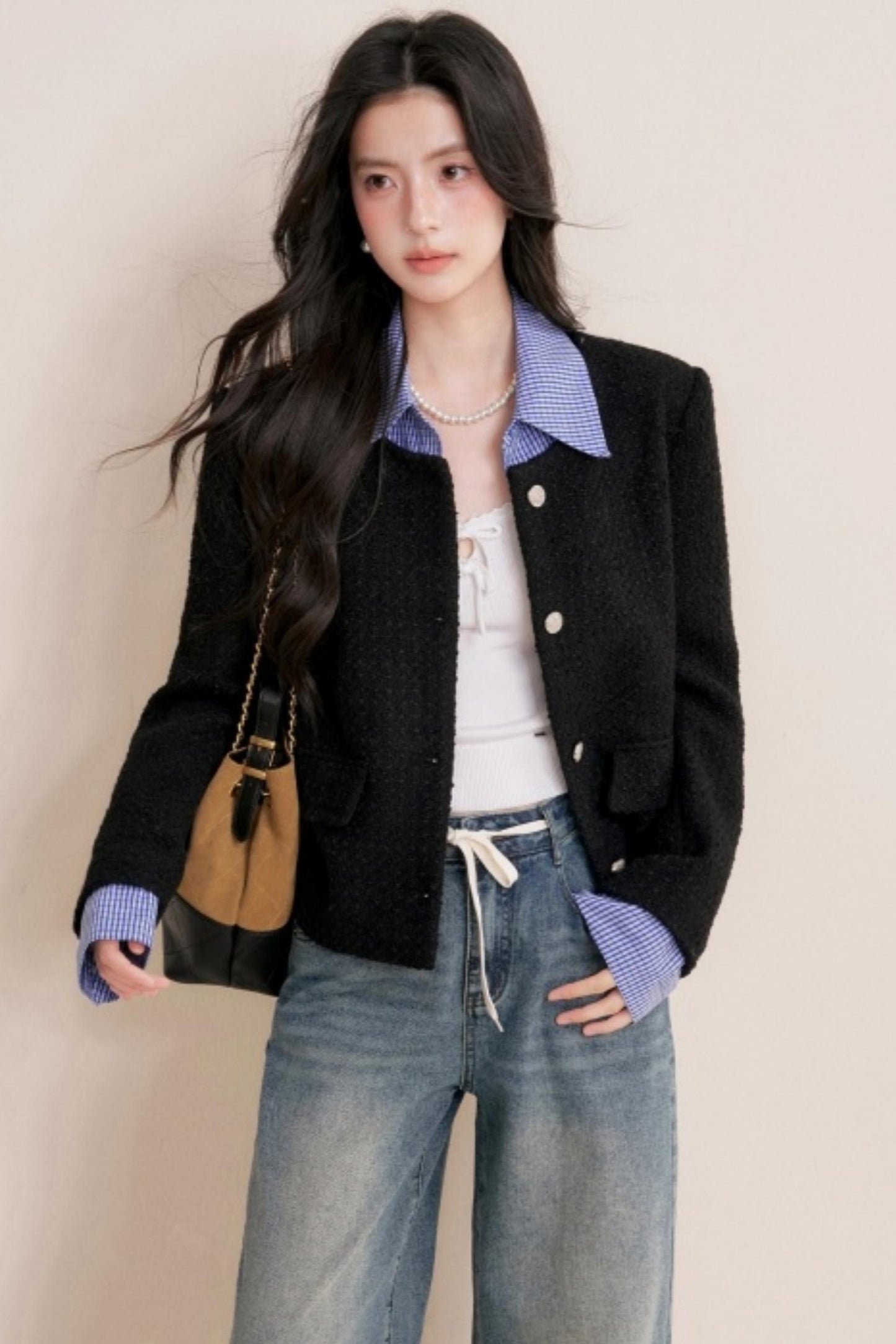 Tweed Plaid Panel Fake Two Jacket