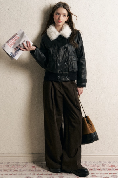 Thickened Double-Breasted Leather Coat