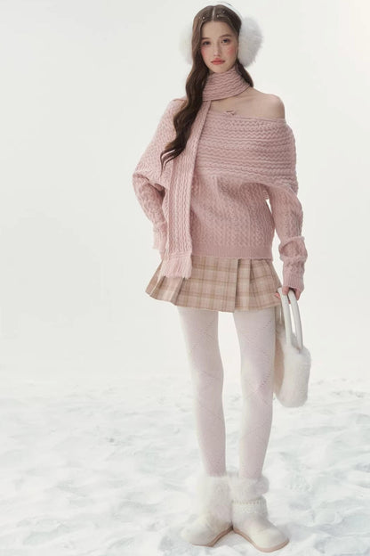 Vintage Twist Knit Off-Shoulder Sweater