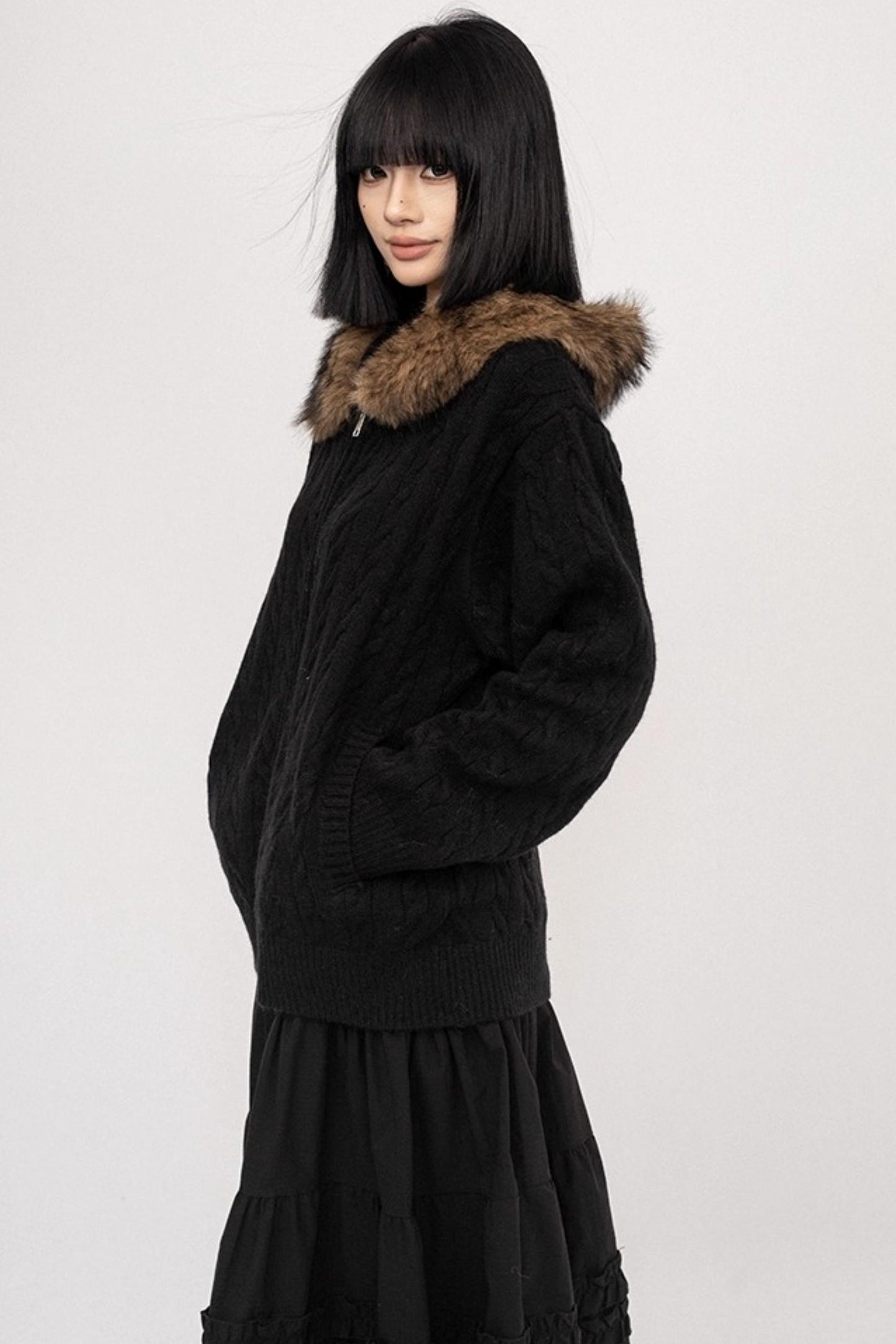 American Vintage Knitted Hooded Black Sweater Jacket