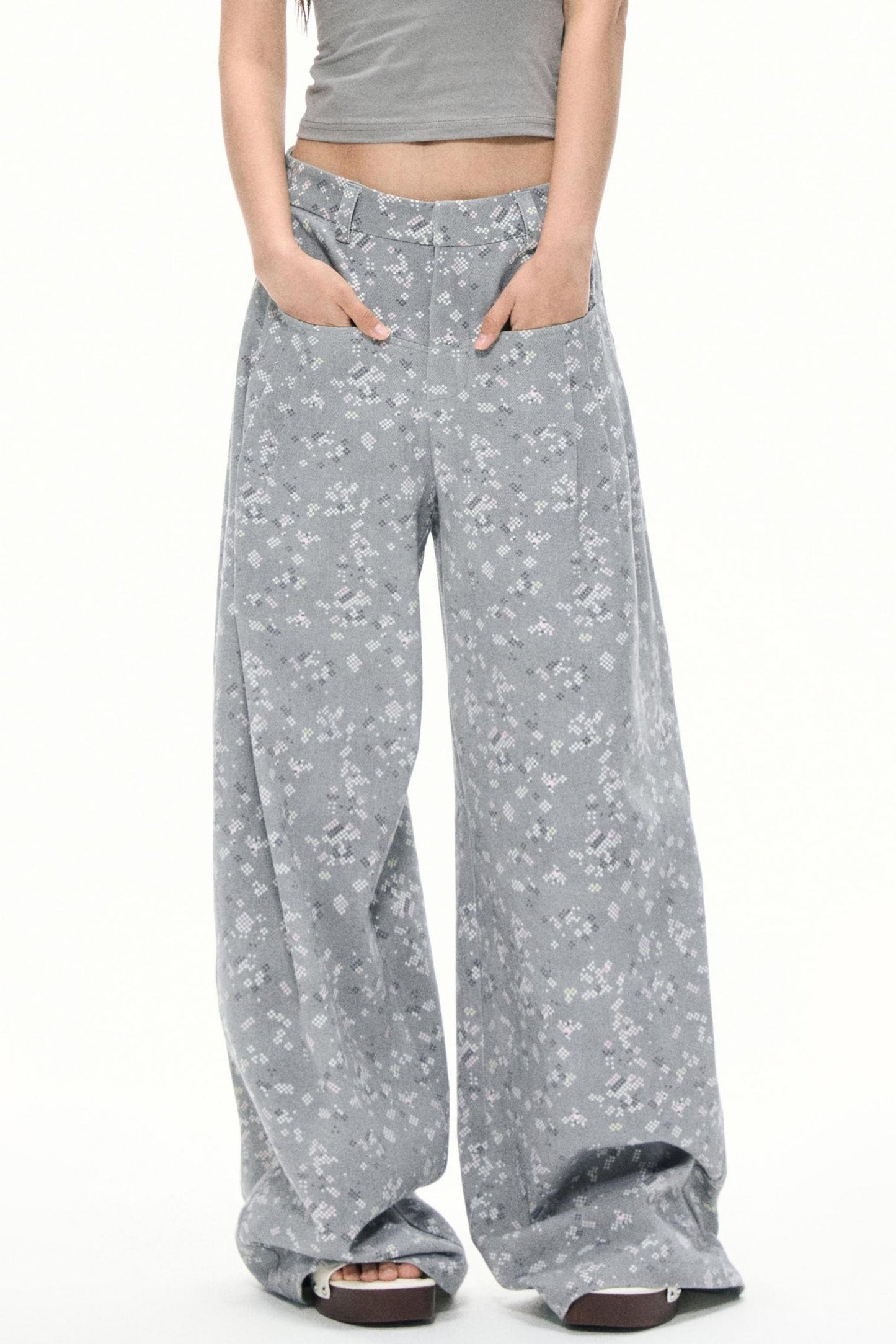 Gray Floral Wide-Leg Pants