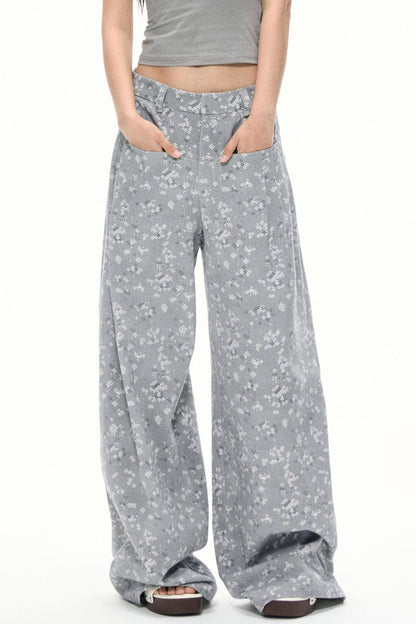 Gray Floral Wide-Leg Pants
