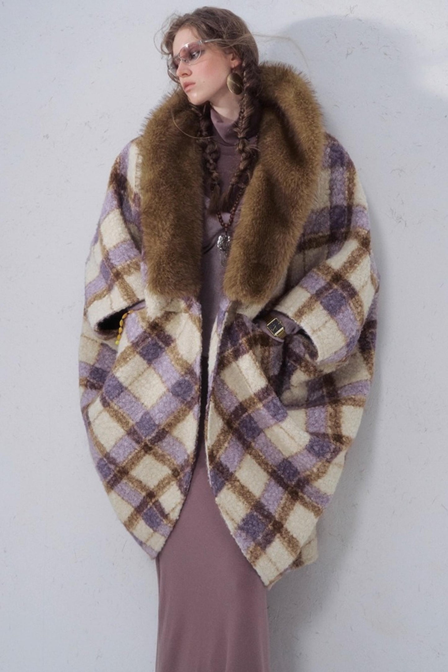 Plaid Fur Collar Woolen Coat