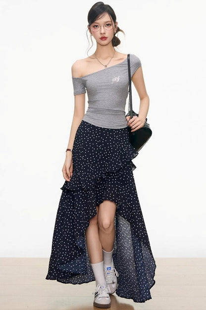 Asymmetrical Grey Top & Polka Dot Maxi Skirt Set-Up