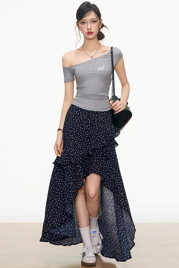 Asymmetrical Grey Top & Polka Dot Maxi Skirt Set-Up