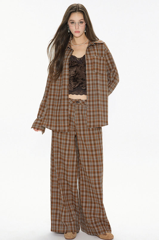 Brown Check Wide Leg Trousers Jacket Set-Up