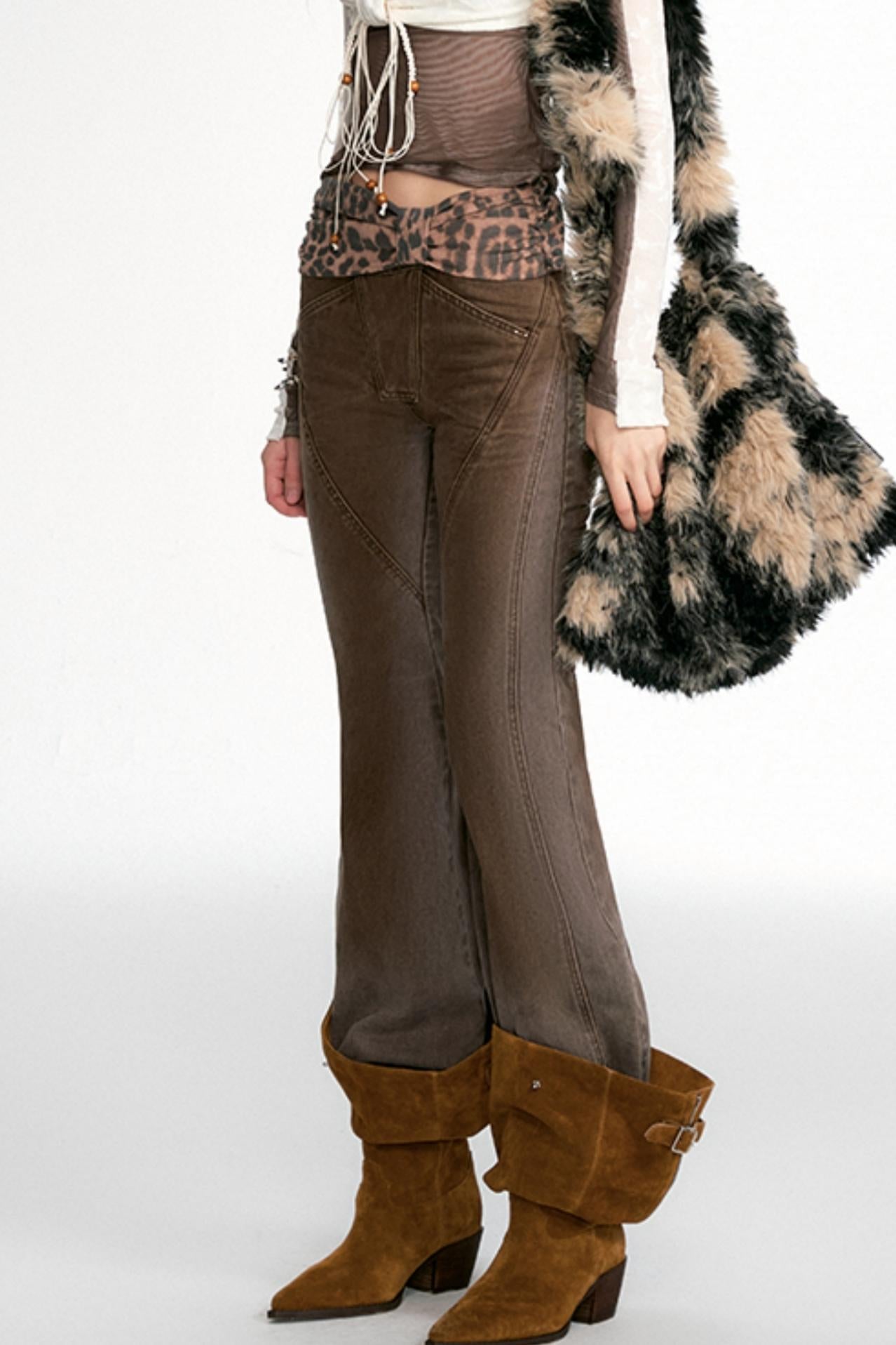 OfAkiva's 'Cheetah' leopard-print crepe panels contour fade split jeans