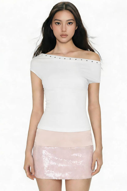 White Asymmetrical Rhinestone Top