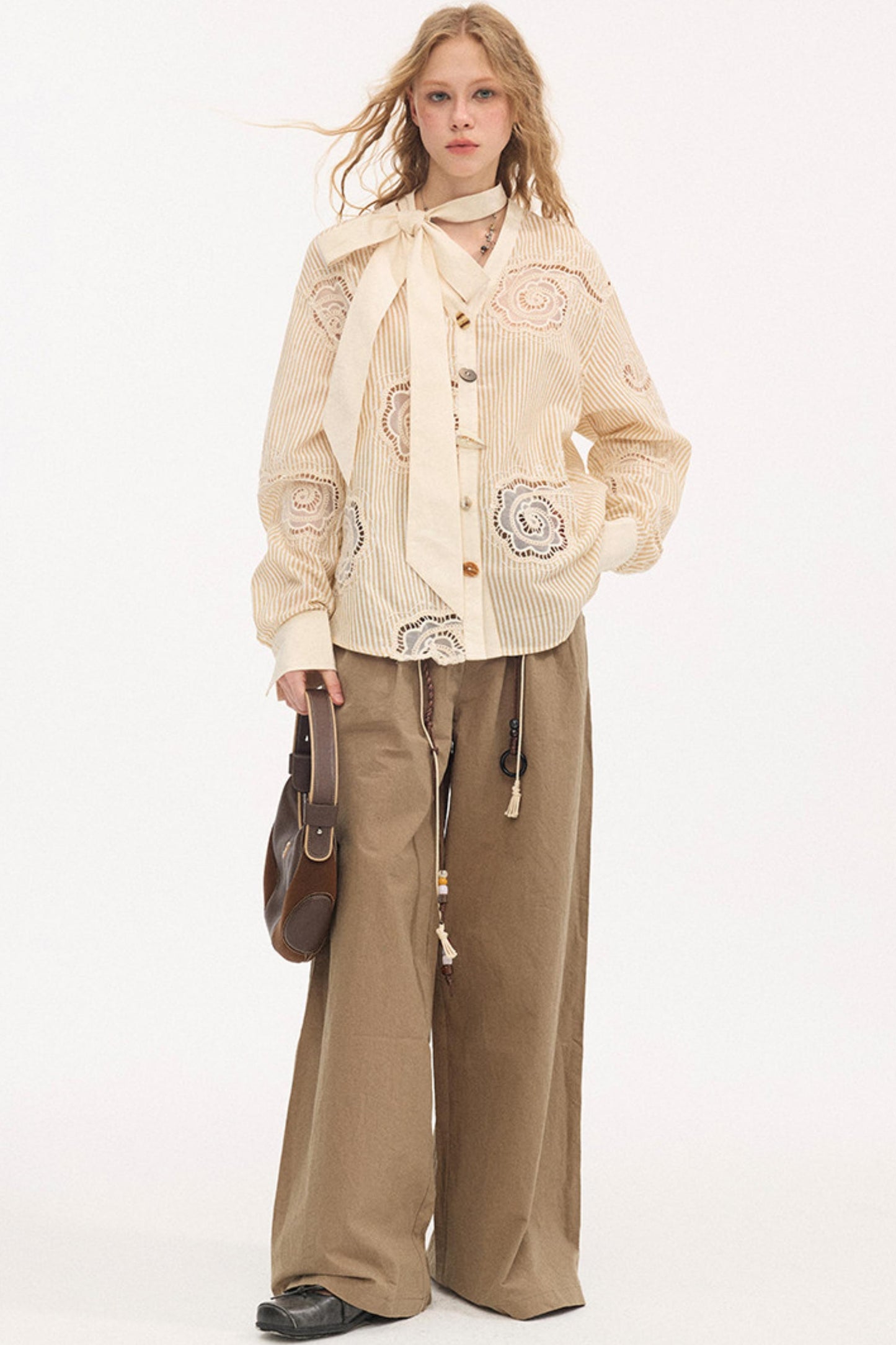 Tie-Back Bow Embroidered Shirt