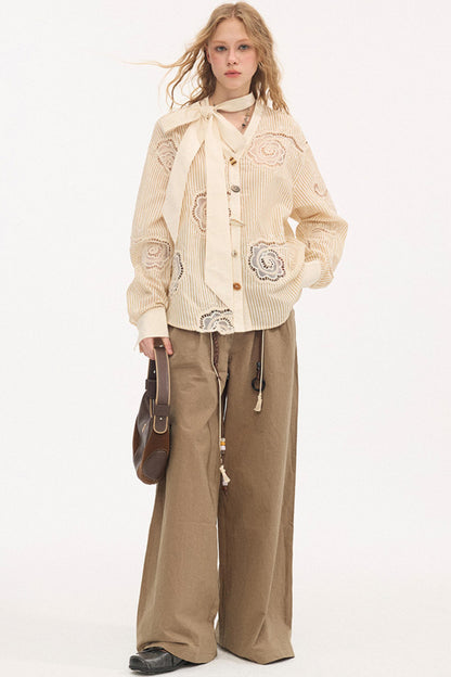 Tie-Back Bow Embroidered Shirt