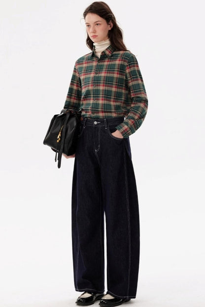 Contrast Check Long Sleeve Lapel Shirt