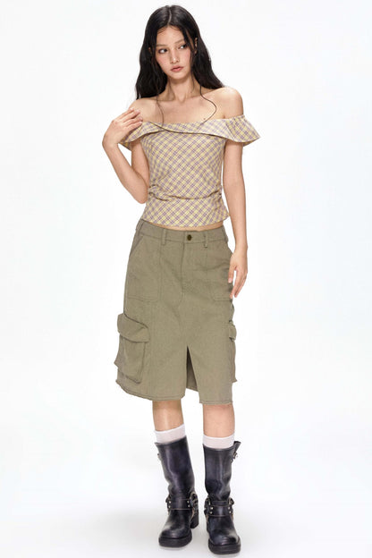 One-Shoulder Yellow Plaid Blouse