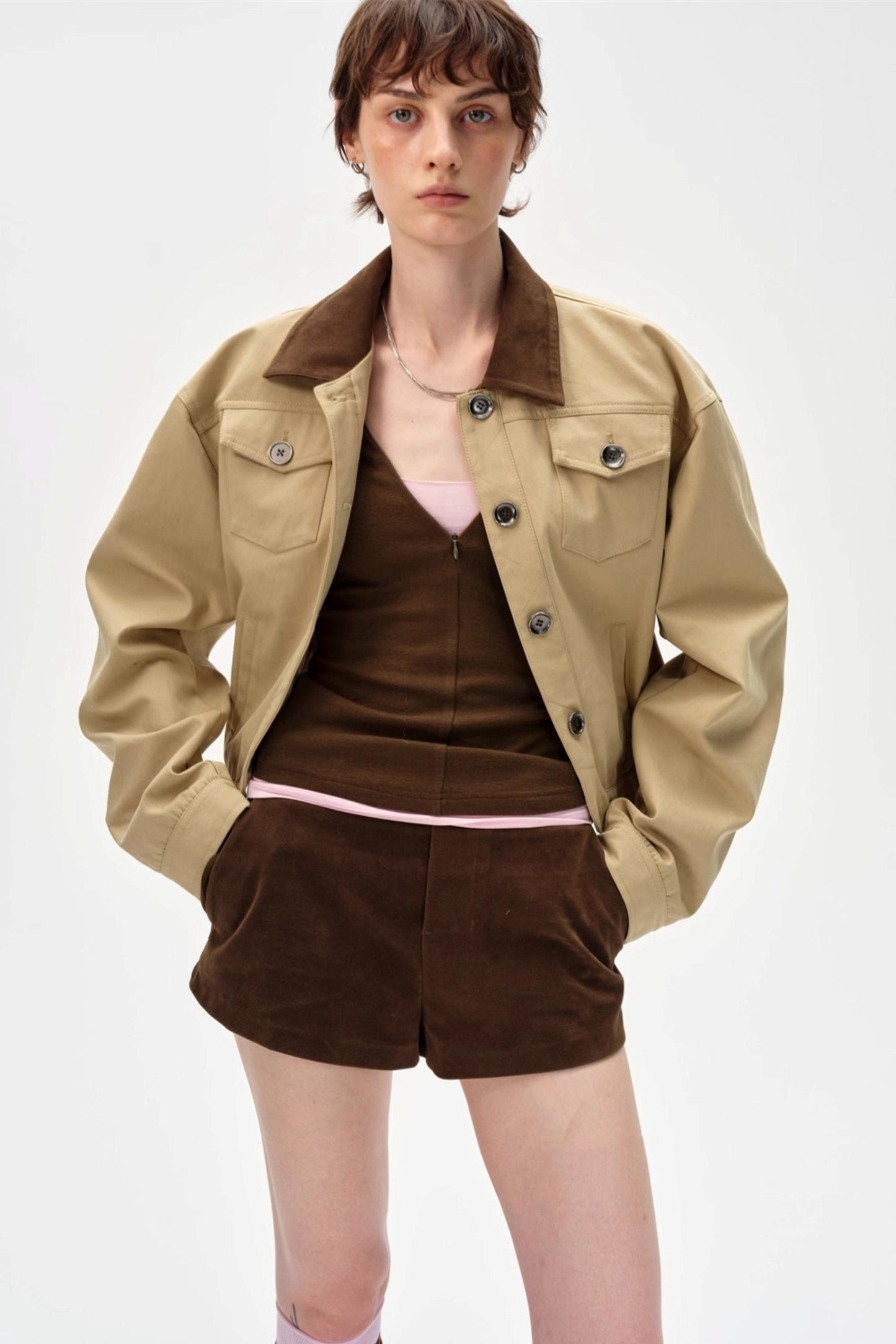 Color-Blocking Lapel Cargo Jacket