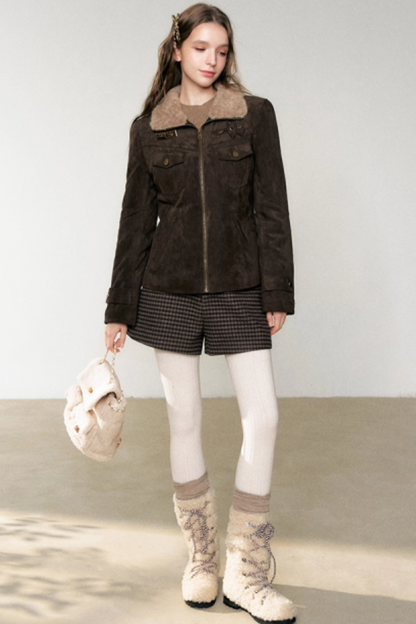 Coffee-Colored Fur Collar Coat