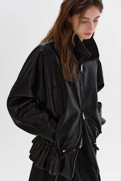 Black Leather Drawstring Jacket