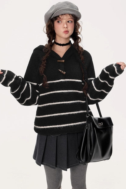 Hooded Striped Knit Sweater