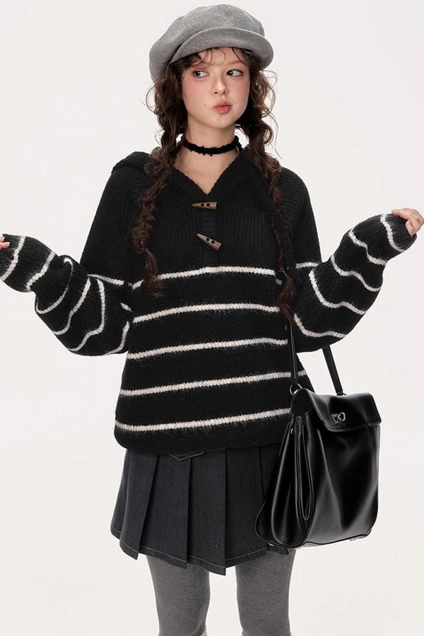 Hooded Striped Knit Sweater
