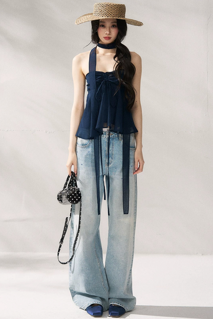 Pantaloni in denim blu a gamba dritta