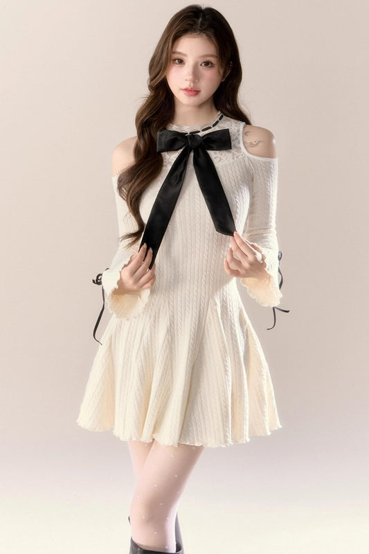 French Knitted Long-Sleeved Dress