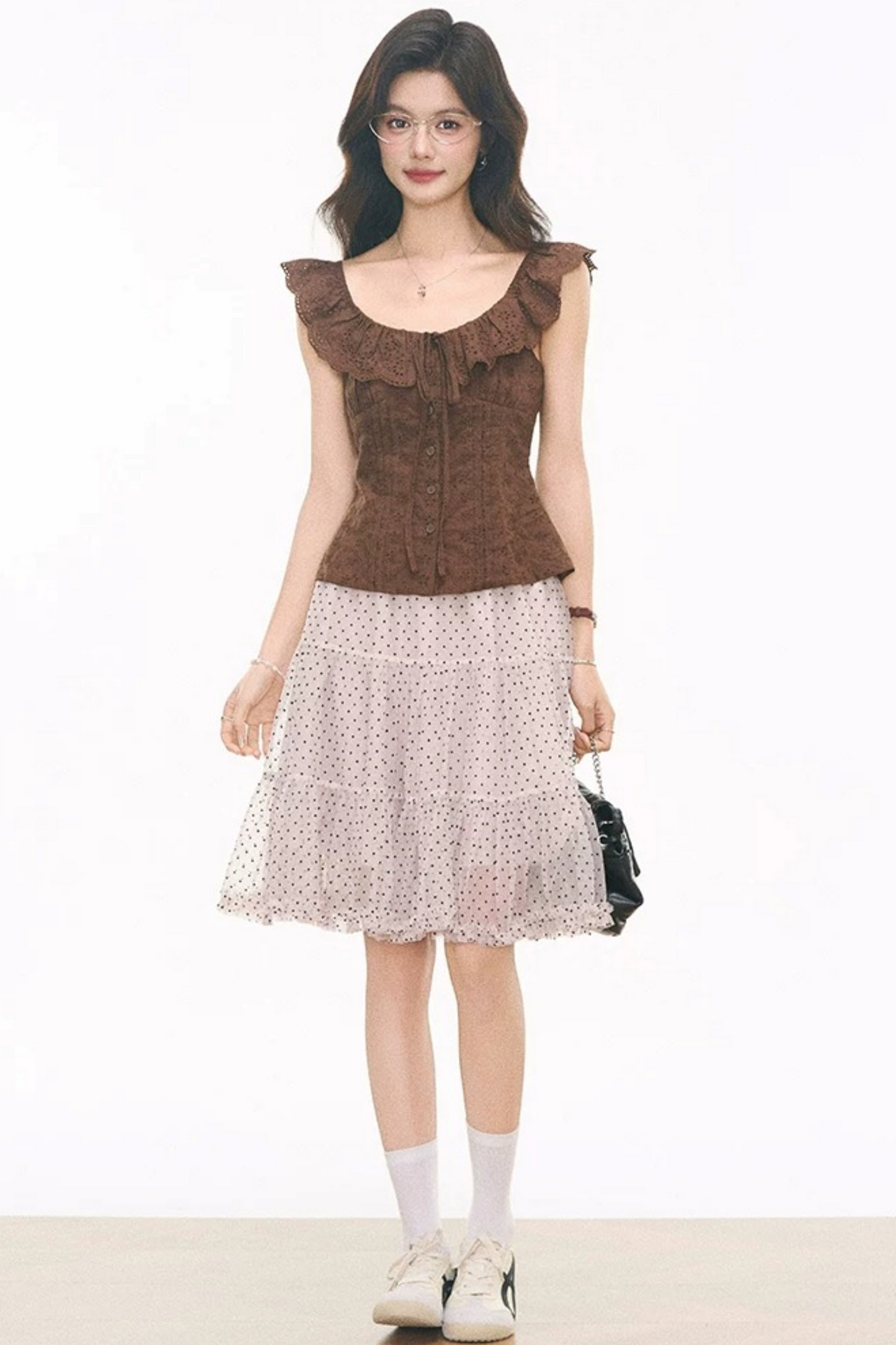 Embroidered Hollow Top & Polka Skirt Set-Up