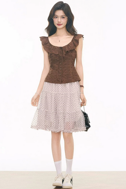 Embroidered Hollow Top & Polka Skirt Set-Up