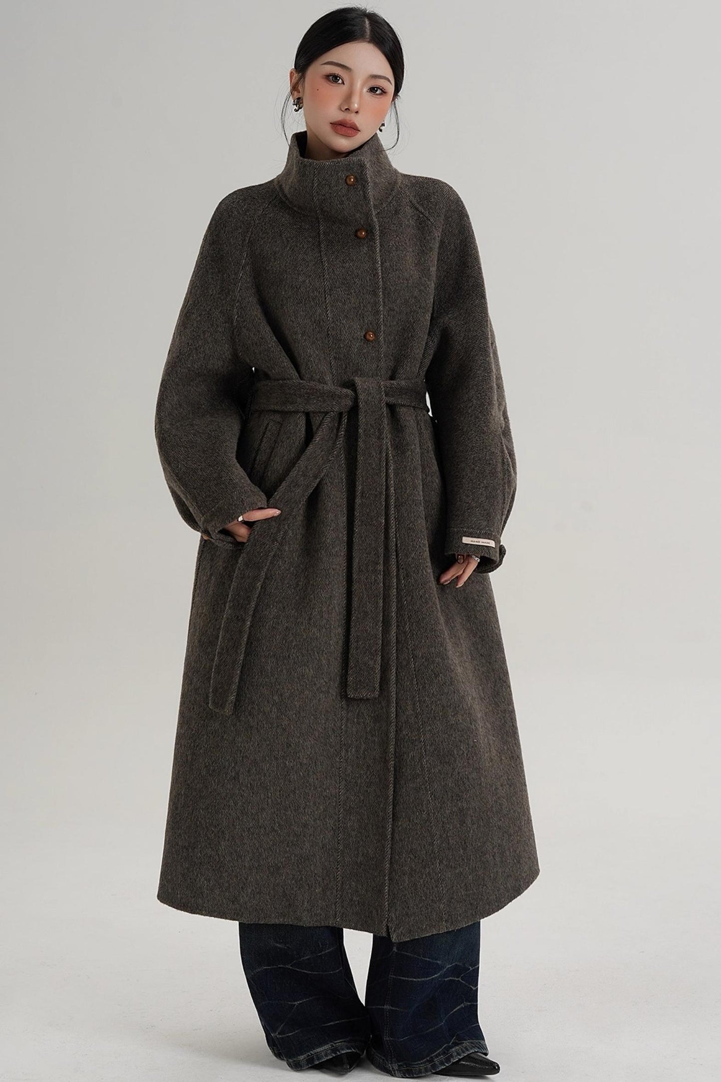 Elegant High-Neck Long Wool Coat